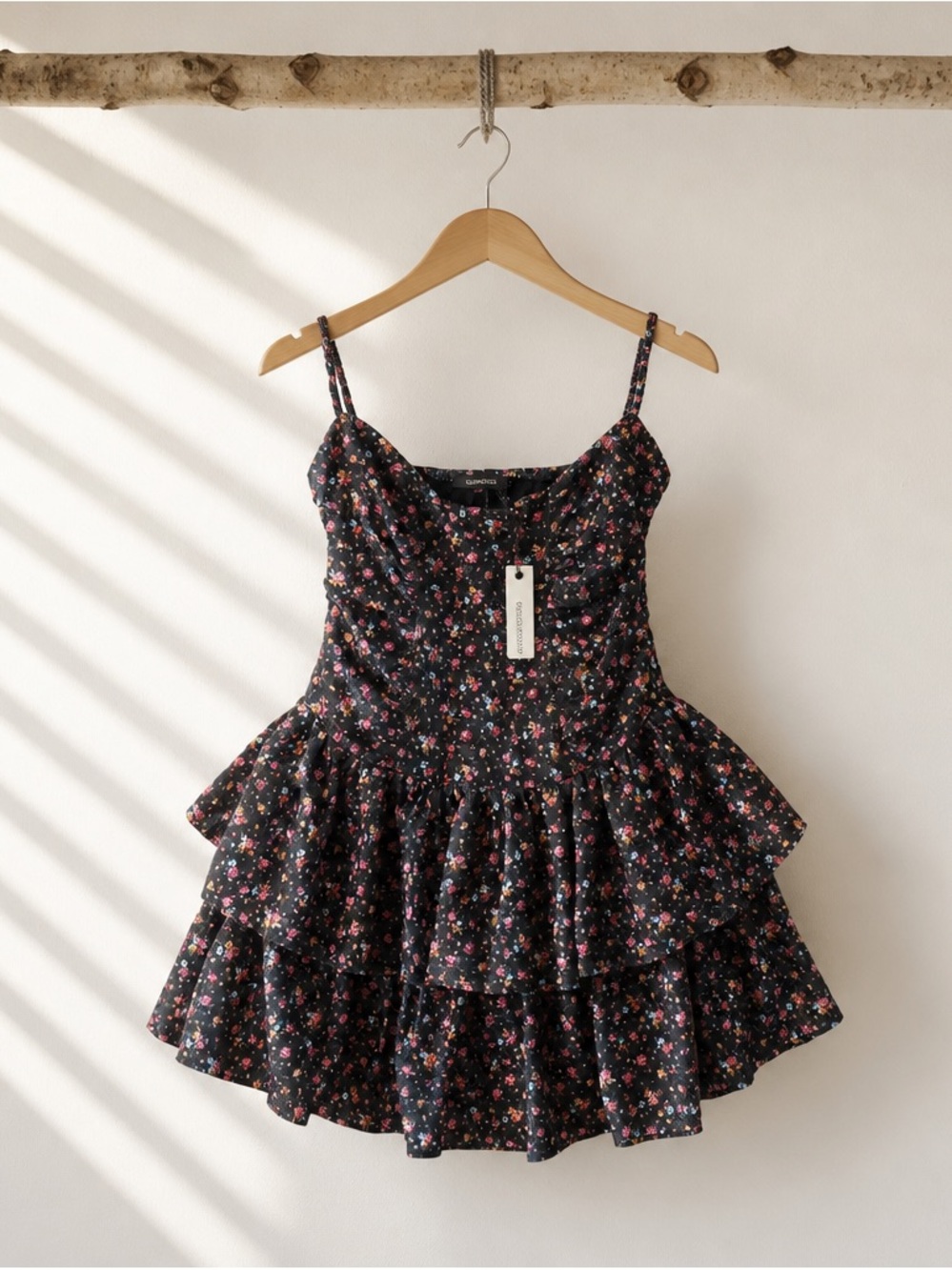 Olivaceous Black Floral Tiered Midi Dress with Pink & Green Accents